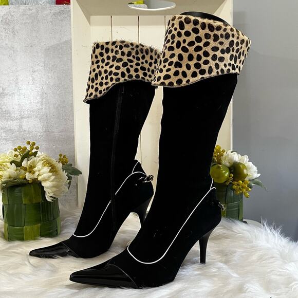 NEW NYLA Suede Leather Leopard Hair Calf High Heel Two Tone Knee Boots Black 6 - Picture 1 of 14